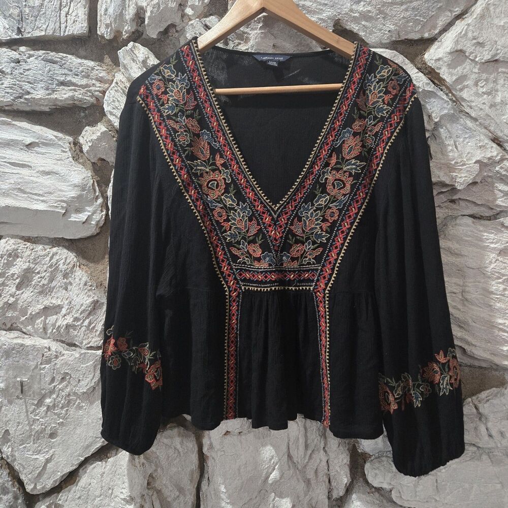 American Eagle Cottagecore Fairy Embroidered Hobo Top Size Small Long Sleeve